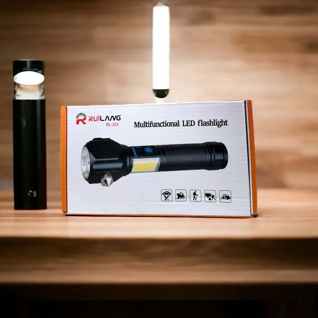 Ruilang Torch RL233 Metal LED FlashLight with Cutter Hammer and Mobile Power Bank
