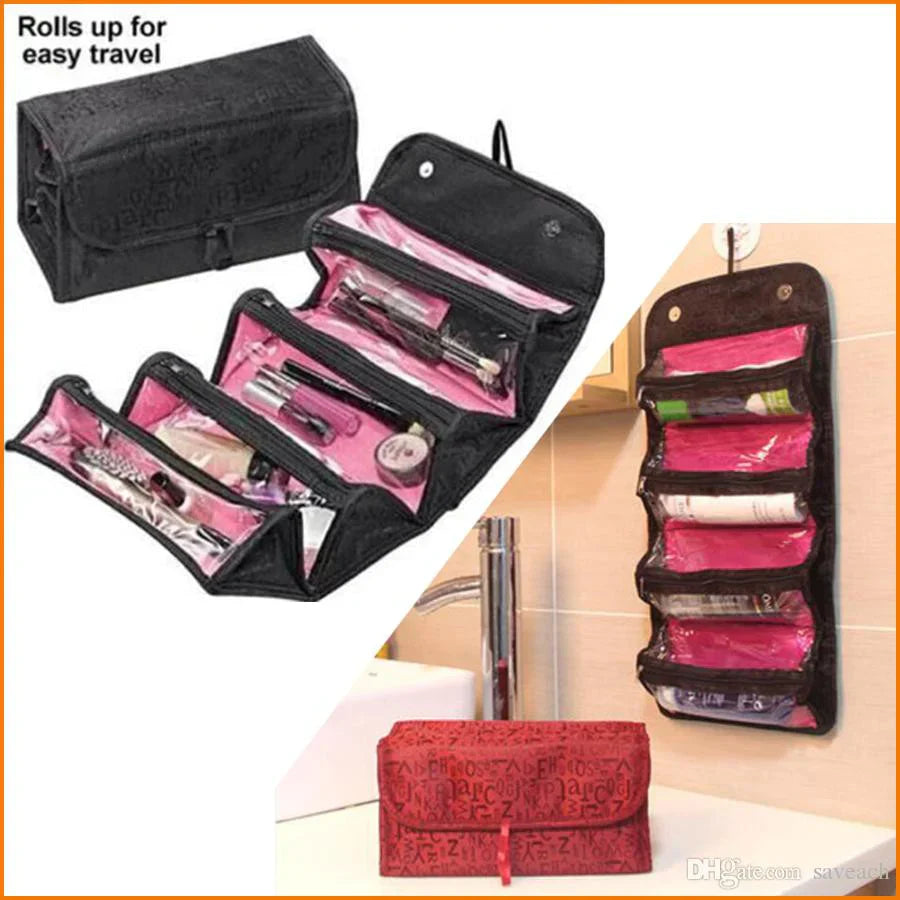 Roll N Go Travel Buddy Makeup and Cosmetic Bag For Pack all your cosmetics jewelry, hair care products with 4 spacious vinyl zippered storage compartments