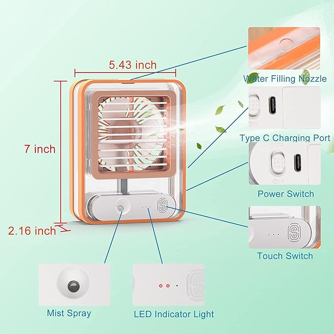 Portable Usb Rechargeable Air Conditioner Fan with 500 ml Water Tank with Mini Humidifier Fan and 7 Colors LED Light, 3 Timer, 3 Wind Speeds, 3 Spray Modes for Office & Home