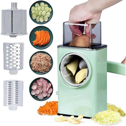 Potato Slicer Upgraded Hand Crank Vegetable Cutter Rotary Cheese Graters Multifunctional Chopper Veget Shredders Fruit Kitchen Tool with 3 Stainless Steel Drum Blades for Vegetables（Green）