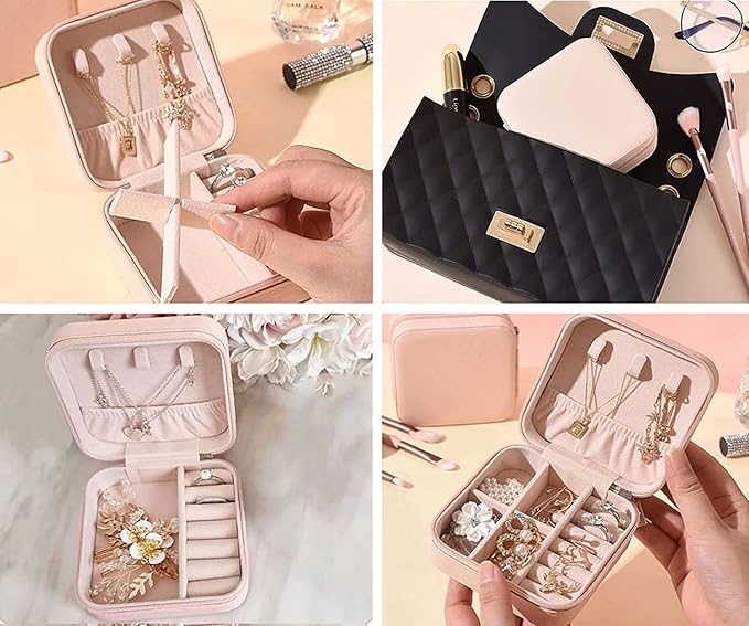 Portable Mini Jewelry Organizer Box, PU Leather Zipper For Rings, Earrings, Necklaces