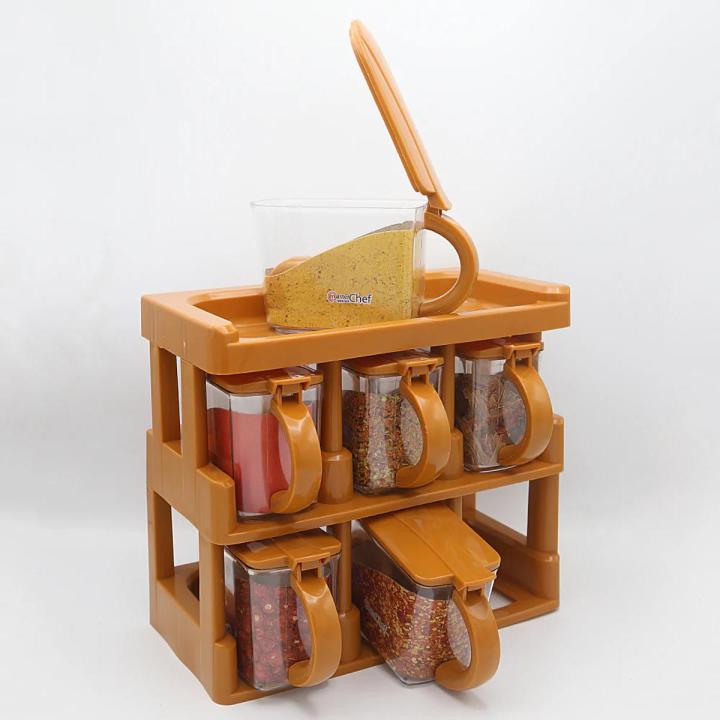 Master Chef 2 Tier Spice Organizer Rack with 6 Jars Set For Kitchen and Outdoor Use