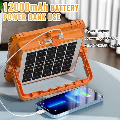 Heavy Duty Portable 100W Rechargeable Work Light with Solar Panel and 5 Modes IP66 Waterproof for Fishing Hiking Repairing