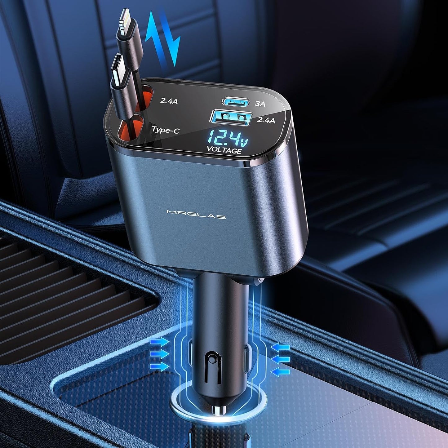 Upgraded 4 in 1 Retractable Car Charger 120W Super Fast Car Phone Charger Adapter