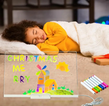 Kids Cute DIY Acrylic LED Writing Board Lamp Art and Craft Toy with 7 Color Pens - USB Powered Rewritable Message Light for Kids