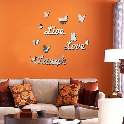 Three Dimensional 3D Letters Love Live Laugh with Butterfly Self Adhesive Mirror Wall Decals Stickers Set For Home Decoration