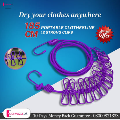 Portable Clothesline 185CM with 12pcs Clips for Home Backyard Hotel Balcony Clothes Drying Line, Outdoor Indoor Use