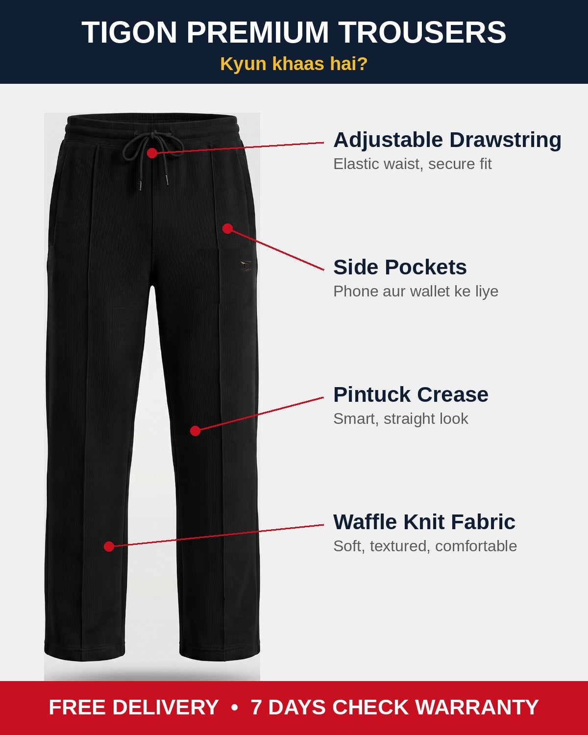 Tigon Premium Trousers features - adjustable drawstring, side pockets, pintuck crease, waffle knit fabric