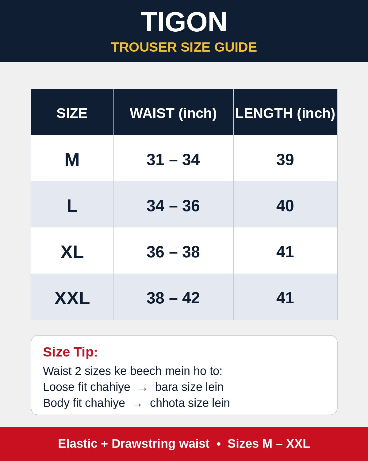 Tigon Trousers size chart - M, L, XL, XXL waist and length in inches