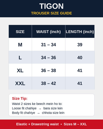 Tigon Trousers size chart - M, L, XL, XXL waist and length in inches